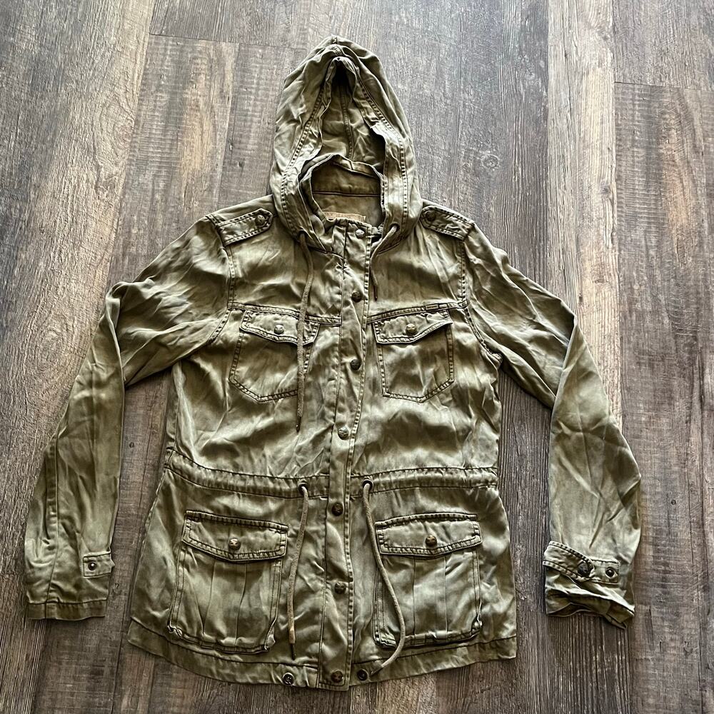 Max Jeans Womens Tencel Military Anorak Utility Jacket Hooded Olive Green Size M
